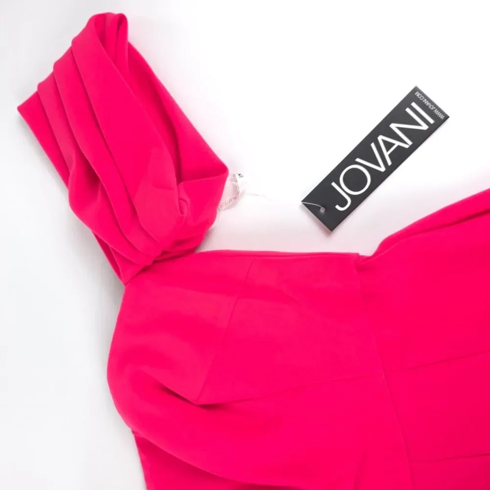 NWT Jovani 08209 Off-shoulder Straight Neck Draped Flare Jumpsuit Lipstick Pink - Picture 2 of 11